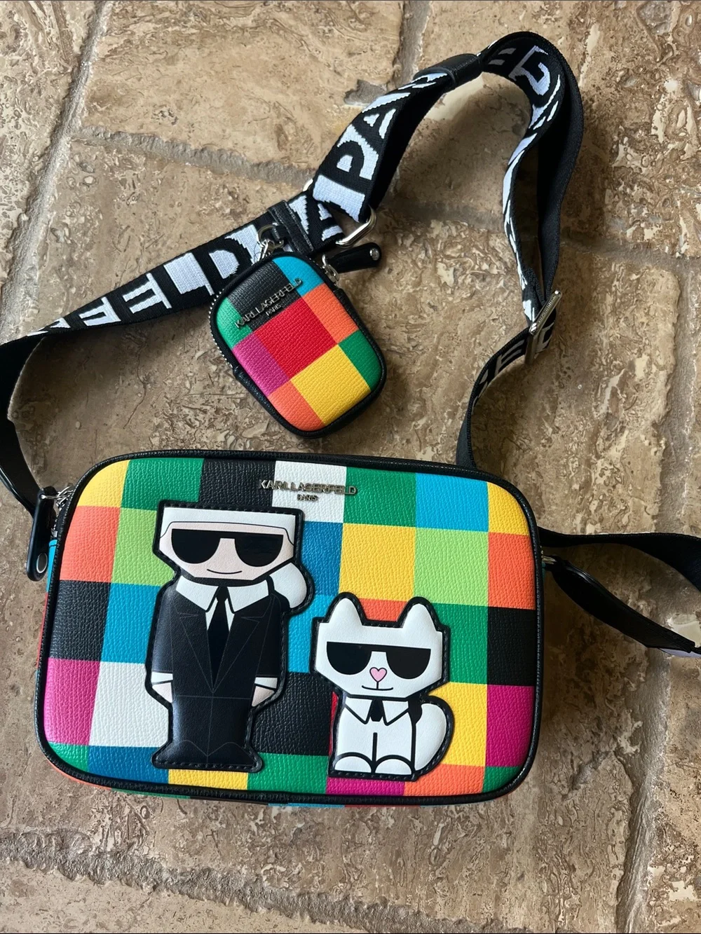Karl Lagerfeld Rainbow Check Crossbody with Character Appliqués - Picture 1 of 5